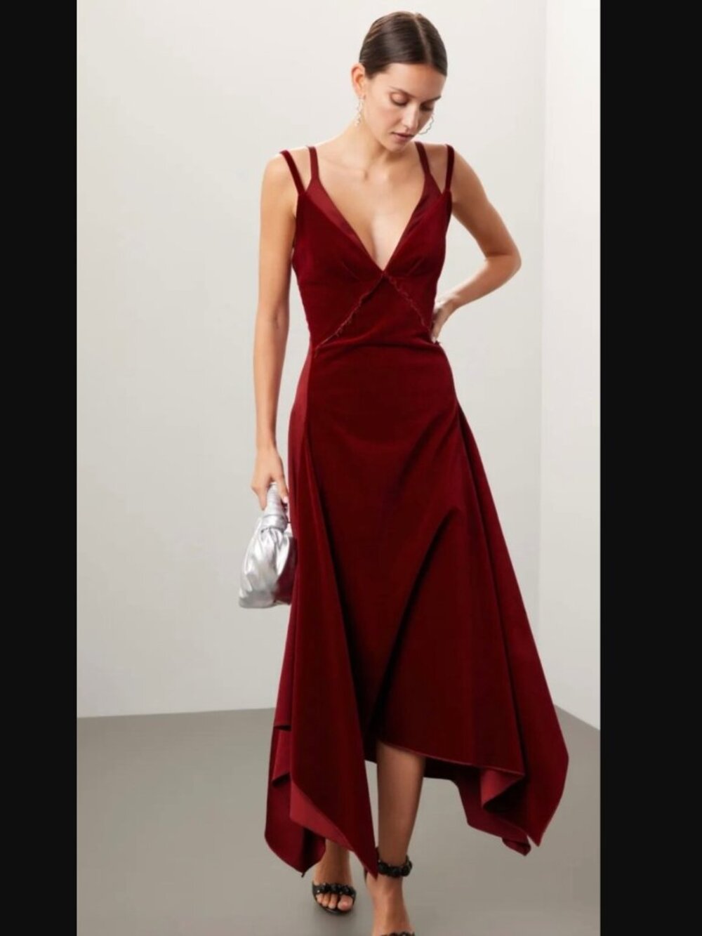 Monse Midi Dress Sz 6 Deep Red Burgundy Velvet Asymmetrical Slip A Line Strappy